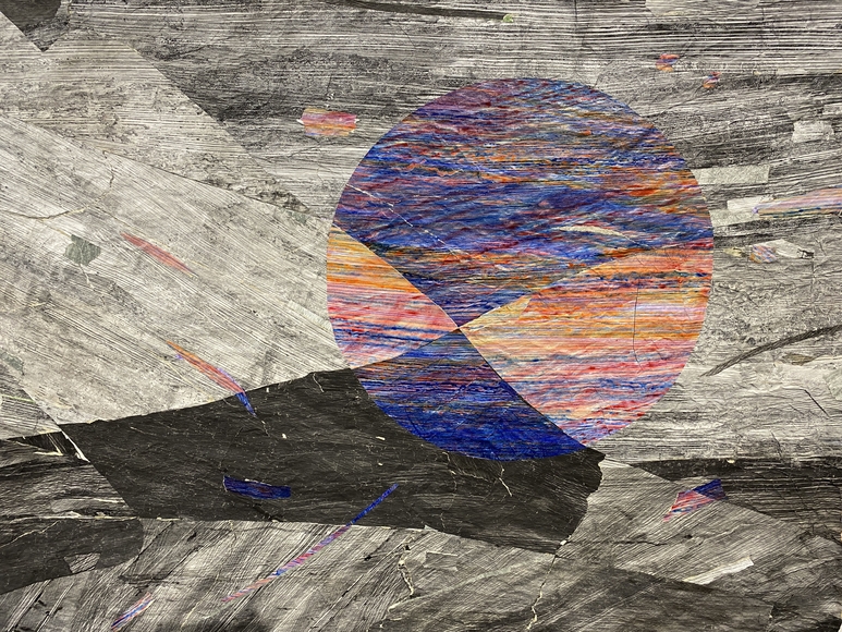 Gray abstract artwork with purple and orange circle