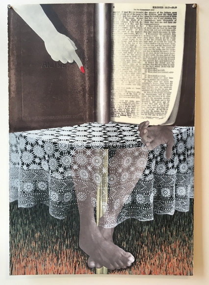 Collaged print of feet under a tablecloth and a red-nailed finger pointing towards a page of text