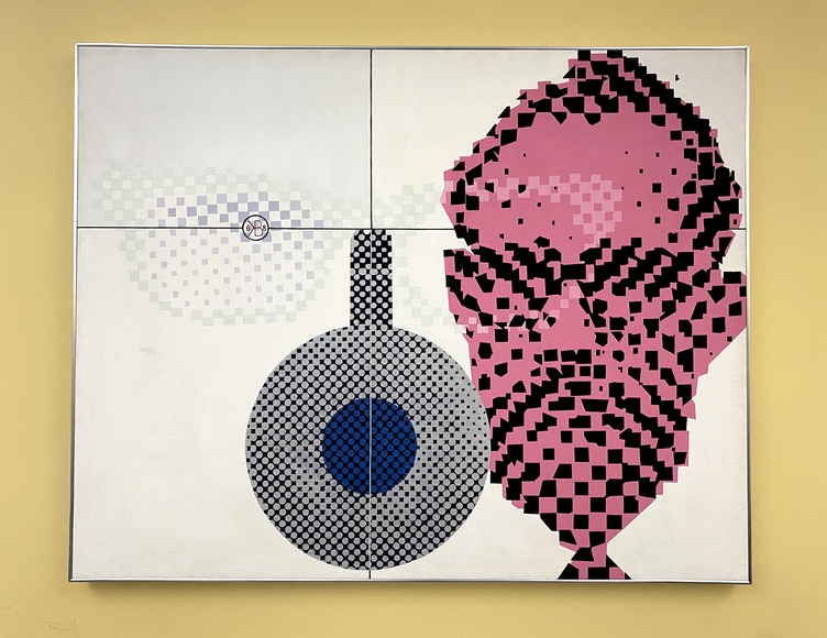 Abstract painting of a pink face and the barrel of a gun