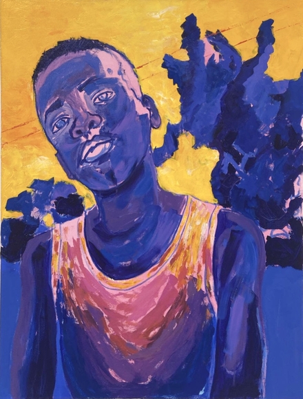 Purple painting of a boy in tank top against yellow sky