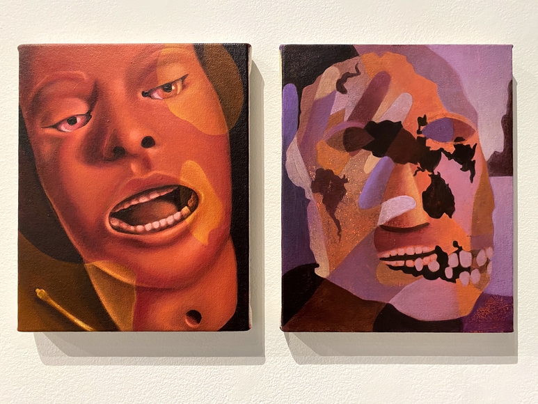 Two paintings in orange and purple of a face and a skull