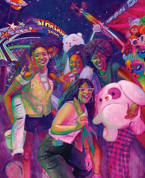 Neon-colored painting of friends having fun at the State Fair, holding stuffed animals and eating corn on the Midway