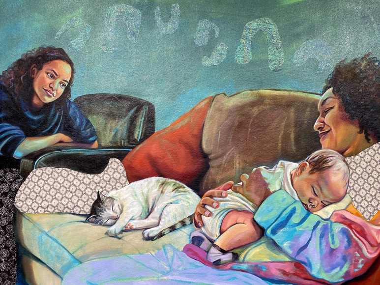 Painting of two women sitting with a baby and a sleeping cat