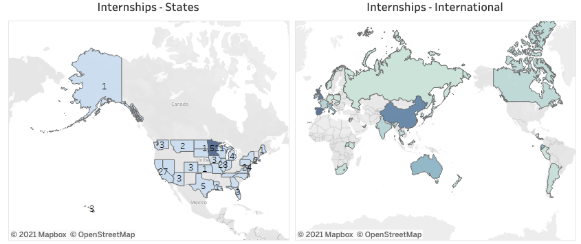 United States and world maps showing where CLA students have completed internships