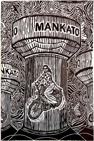 Woodcut of a woman on a motorcycle under the Mankato watertower