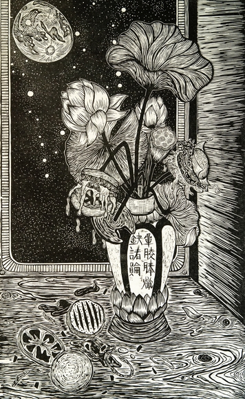 Black and white woodcut print of a vase with flowers