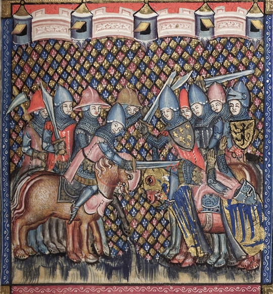 Knights in armor clash in a medieval manuscript.