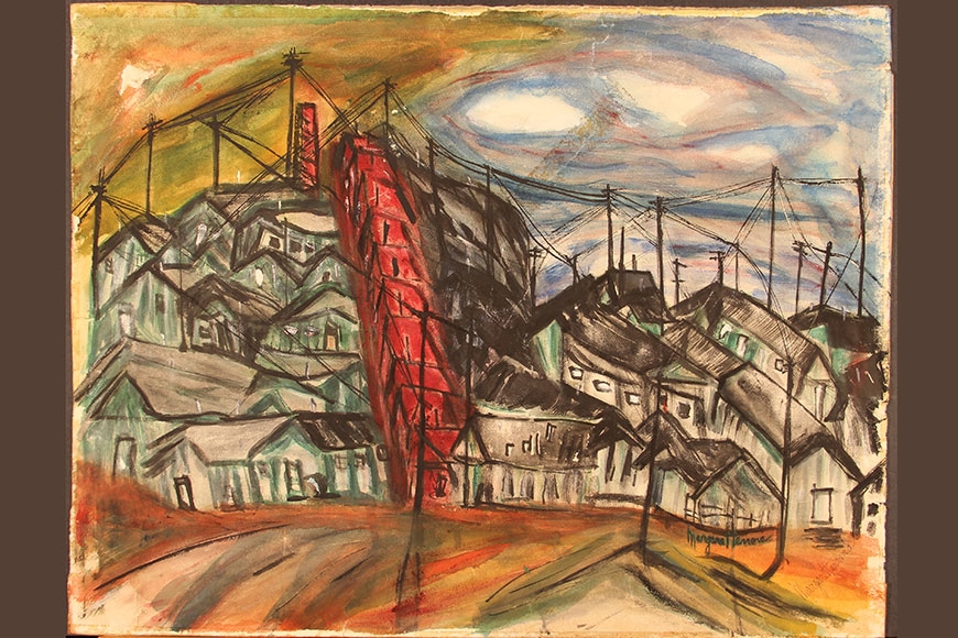 Painting of many houses close together on a hill with power lines connecting them