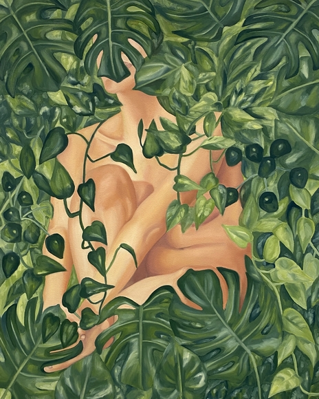 Painting of a woman's body obscured by green plants