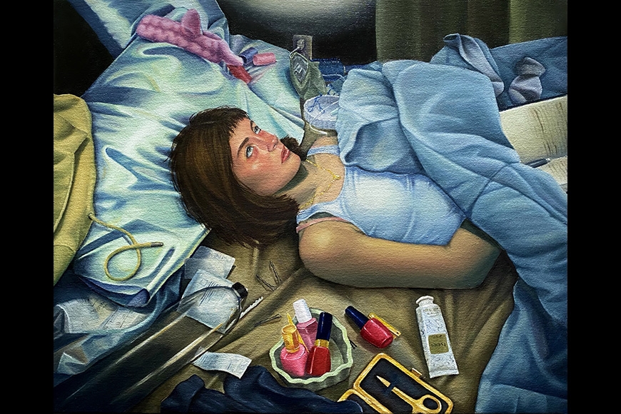  A young woman lies in bed and stares at the ceiling wistfully while surrounded by beauty products, electronics, and other paraphernalia.
