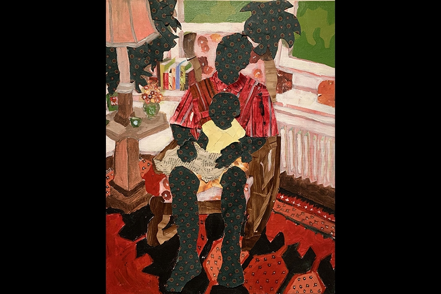 Patterned fabric collage of a child sitting on their mother's lap in a cozy living room.