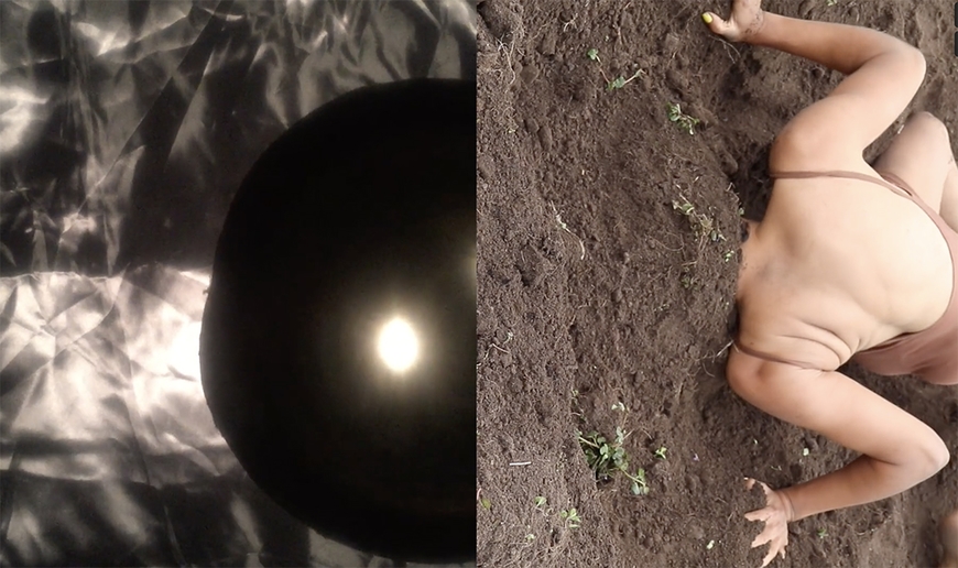 Diptych video still of half of a black sphere on top of silver foil on the left hand side, next to a figure with their head buried in soil on the right hand side.