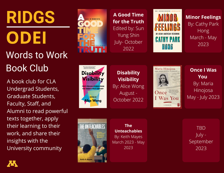 Calendar of upcoming Book Club titles, including A Good Time for the Truth, Disability Visibility, The Unteachables, Minor Feelings, and Once I Was You