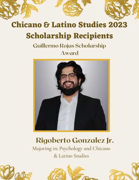 Image of winner Rigo Gonzalez Jr., award won, and areas of study