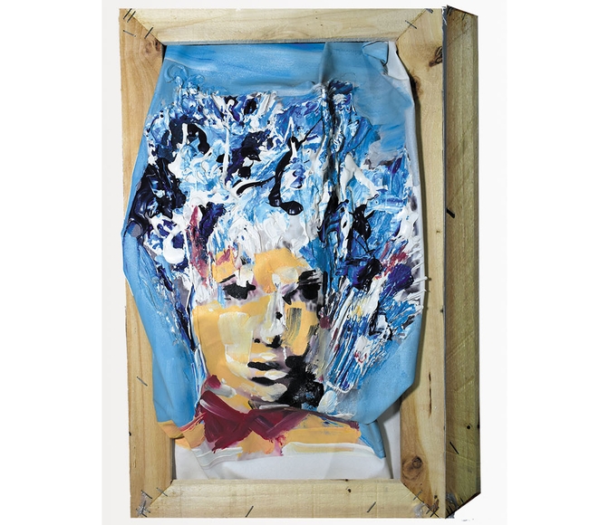 Blue painted assemblage of a portrait inside a wooden box