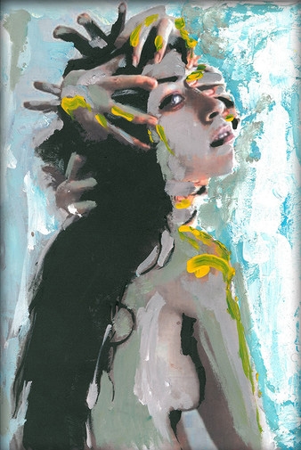 Expressive portrait of woman with multiple hands clawing at her face