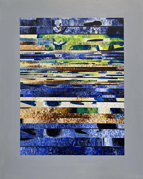 Abstract painting of horizontal strips of blue, brown, and green