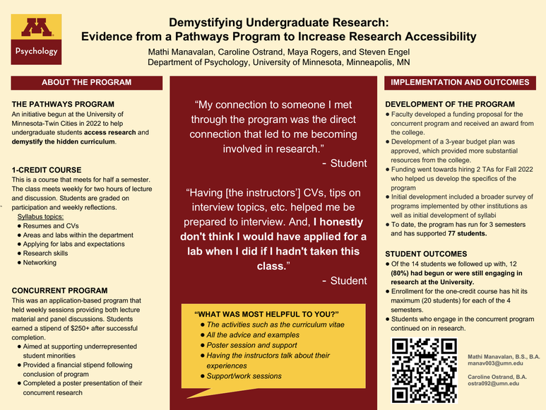 Demystifying Undergraduate Research:  Evidence from a Pathways Program to Increase Research Accessibility Poster by Caroline Ostrand and Mathi Manavalan