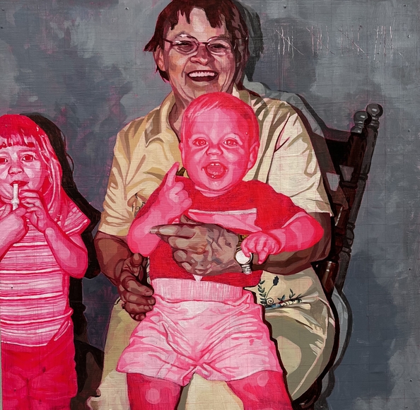 Painting of smiling woman with two pink children