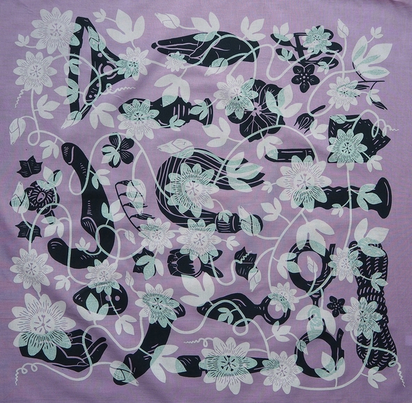 Dusky purple square with block prints in black of drawings of adult toys and in white of flowers and plant stems