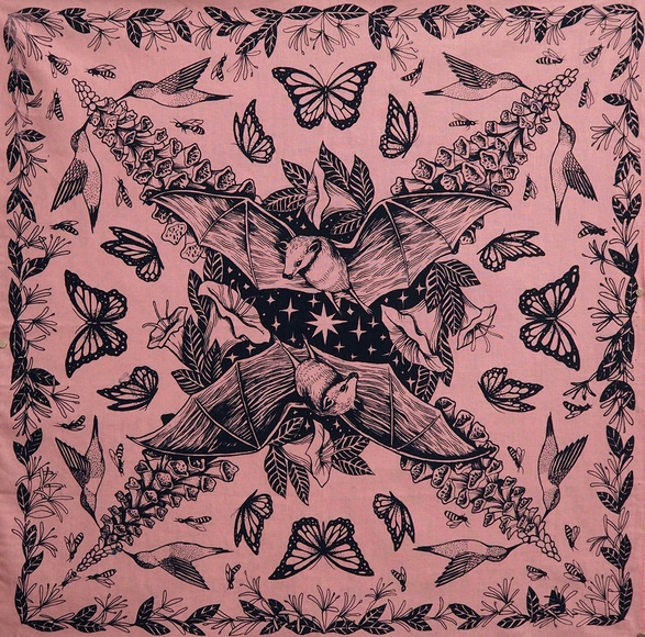Pink square bandana with repeating pattern of bats, birds, butterflies, insects, and flowers