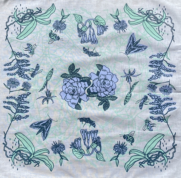 Pale blue square bandana with repeating pattern of flowers and insects