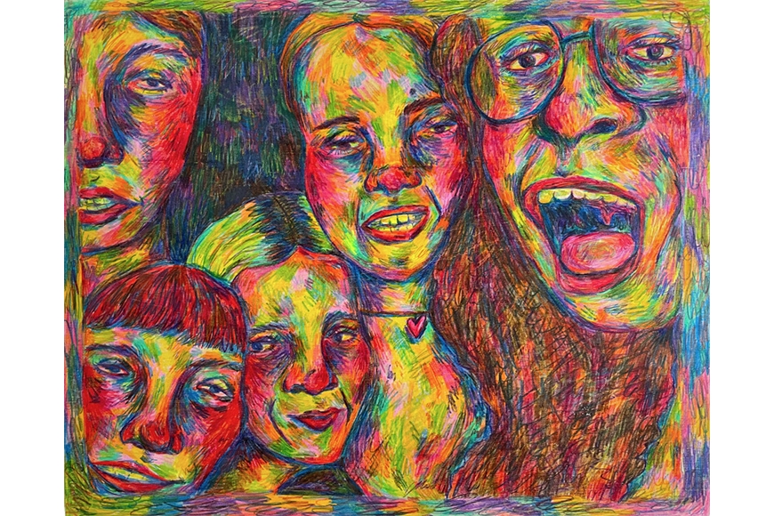 A vibrant, scribbly drawing of five rainbow-colored faces with rosy cheeks crowding together, posing for a photo with silly expressions.