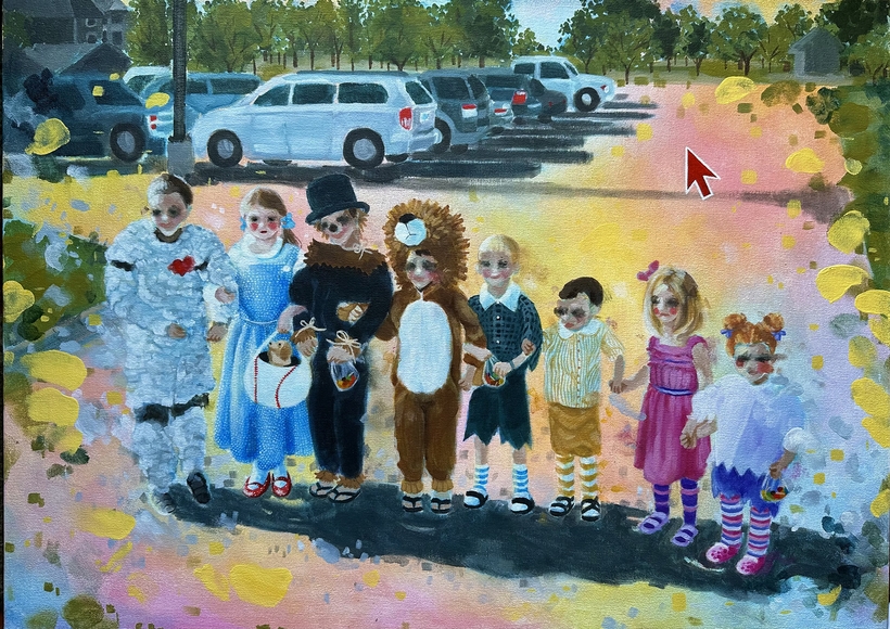 A group of children dressed in Halloween costumes lined up side by side in a parking lot to pose for a photograph.