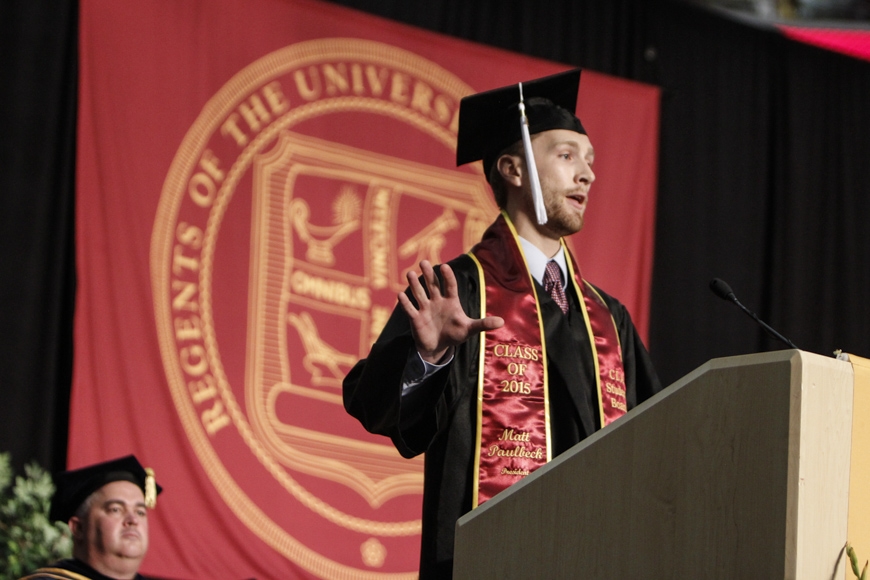 Spring 2015 CLA Commencement - Matt Paulbeck, CLA student board leader, speaks at the podium
