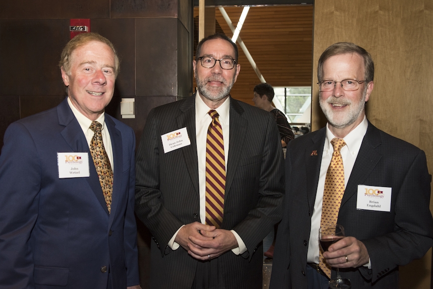 Photo of Dean John Coleman (center) with John Wetzel (PhD ‘73) (left) and Brian Engdahl (BA ‘75; PhD ‘80)