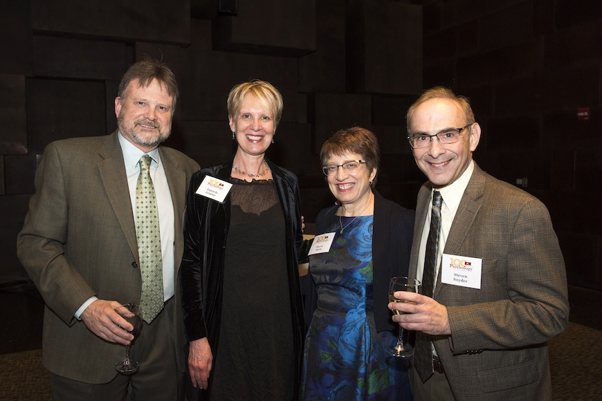 Photo of Professors Jeff Simpson (far left) and Patricia Frazier (second from left) with alumnus Steven Snyder (MA ‘’90; PhD ‘94) (far right) and his wife, Sherry Stern. Simpson will be the department chair starting in fall 2018.