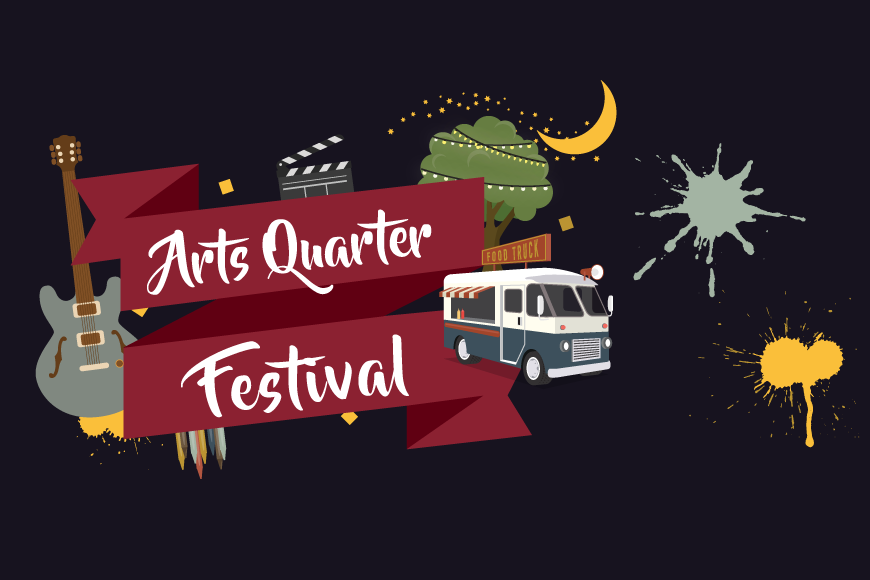 Image of banner that reads Arts Quarter Festival. Image also include illustration of a guitar, food truck, and tree with lights in it. 