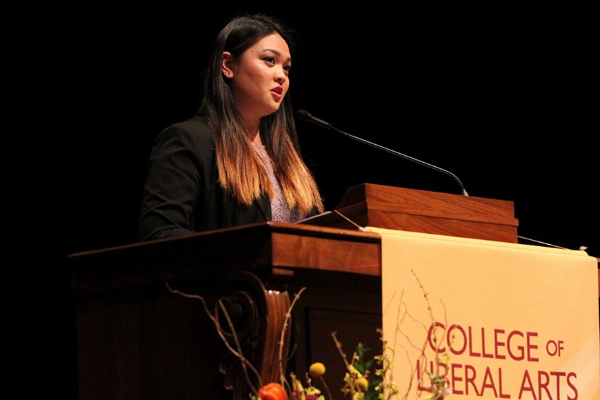Photo of student speaker Tiffany Hamidjaja at the podium