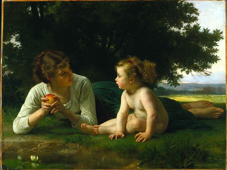 Painting by William-Adolphe Bougereau of a woman and a child (titled Temptation)