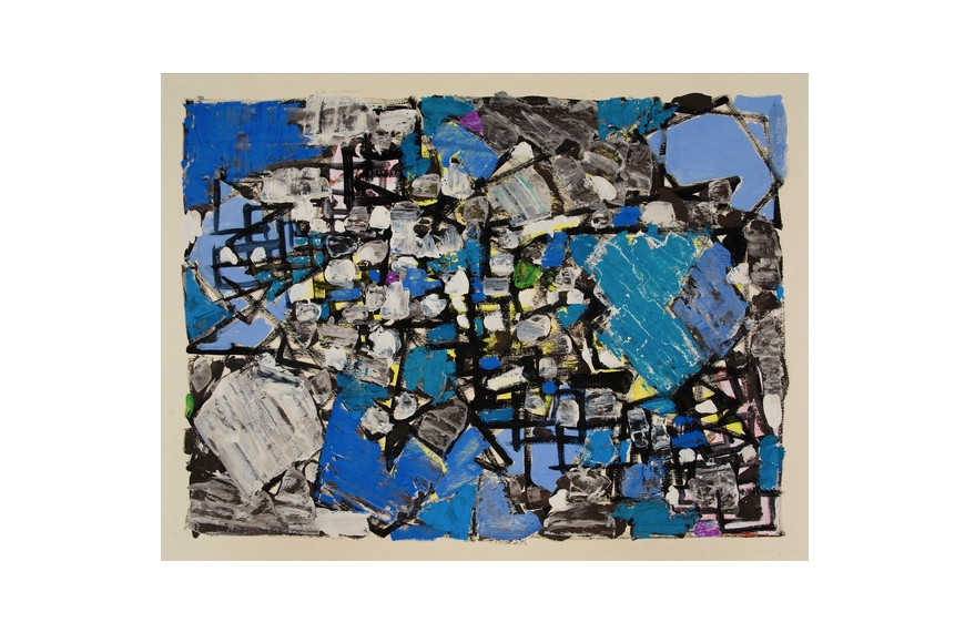 Abstract painting with squares in blue and yellow with black edges