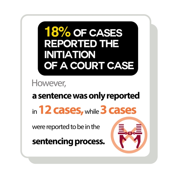 18% of cases reported the initiation of a court case. However, a sentence was only reported in 12 cases, while 3 cases were reported to be in the sentencing process. 