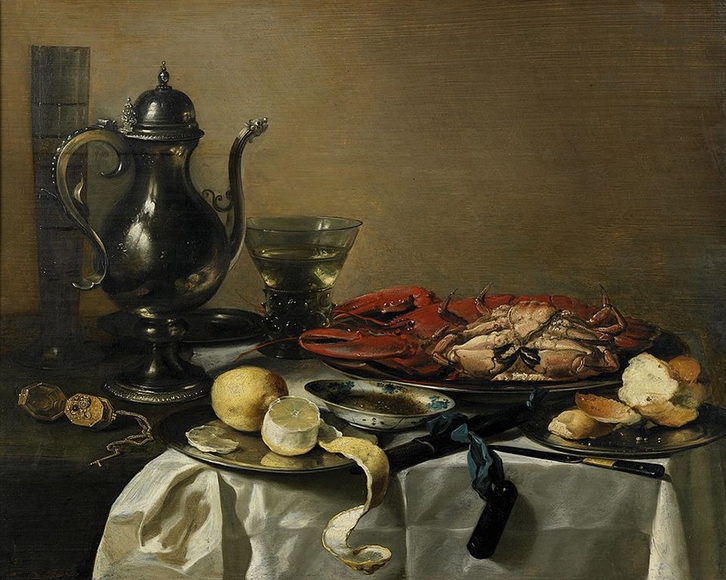 Painting of a meal with crab, lemon, and tea