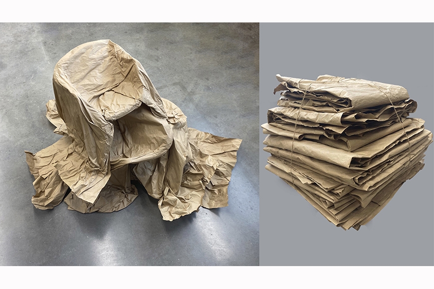 Diptych photograph of a chair made out of craft paper juxtaposed next to a folded stack of craft paper