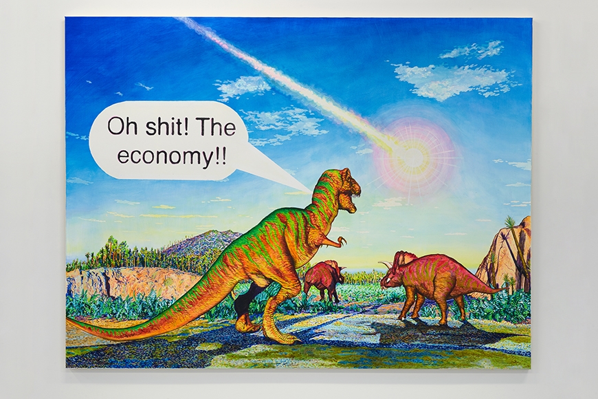 Painting of three dinosaurs watching a meteor fall. Speech bubble from one saying, "Oh Shit! The economy!"