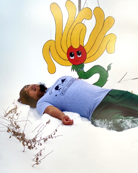 A man lays collapsed in a snowbank wearing a tshirt while a cartoon flower hovers behind him.