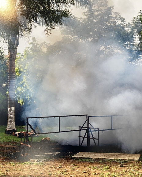 Sun shines through smoke billowing over a horse fence