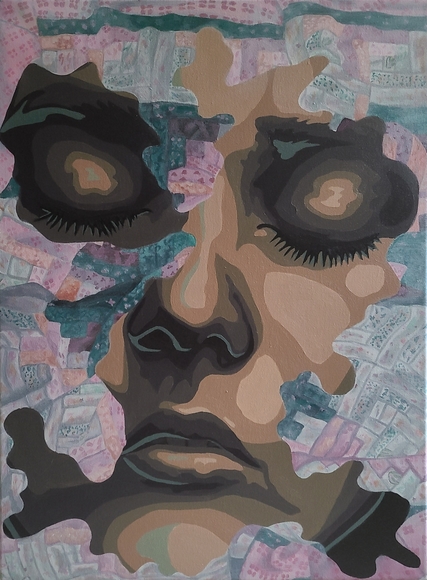 Painting of a face with closed eyes and sections of quilting