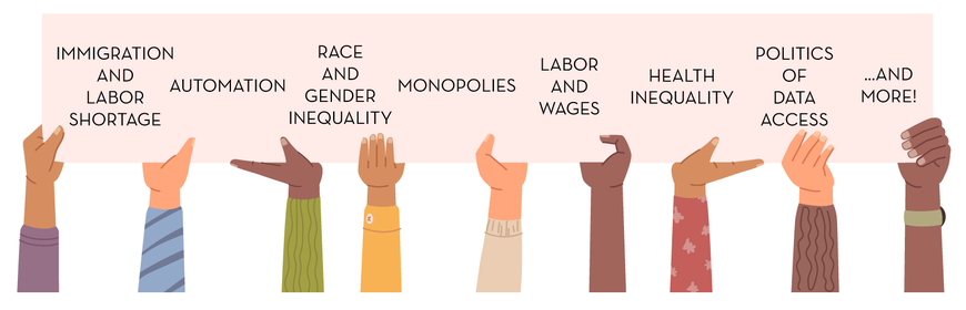 Many cartoon hands of various racial backgrounds hold an event sign titled Collaborative Workshop on Socioeconomic Inequality