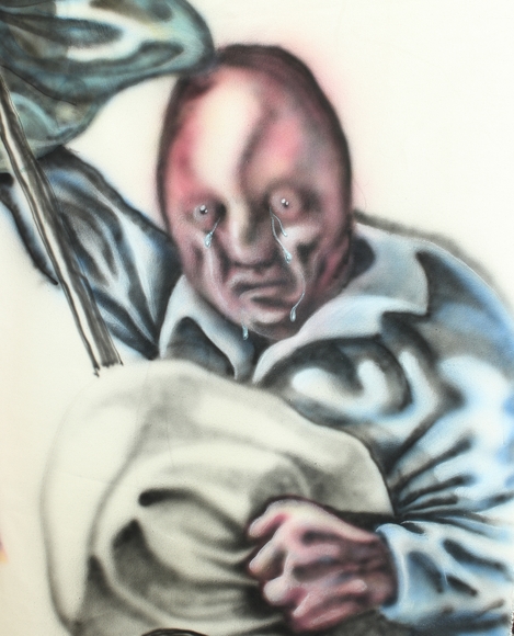 Airbrush painting of a crying person with bald red head and no ears wearing a blue collared shirt and holding a cloth bag
