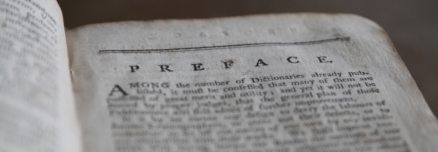 Close up of a very old book, on word PREFACE