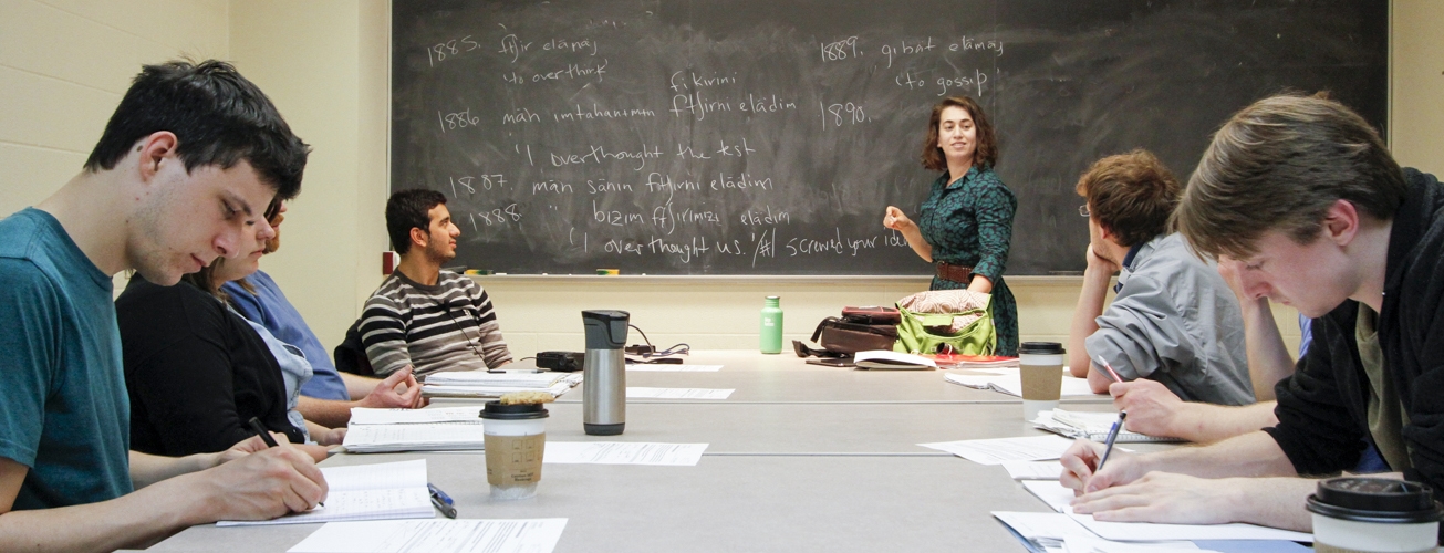 Professor Claire Halpert teaching in a linguistics class