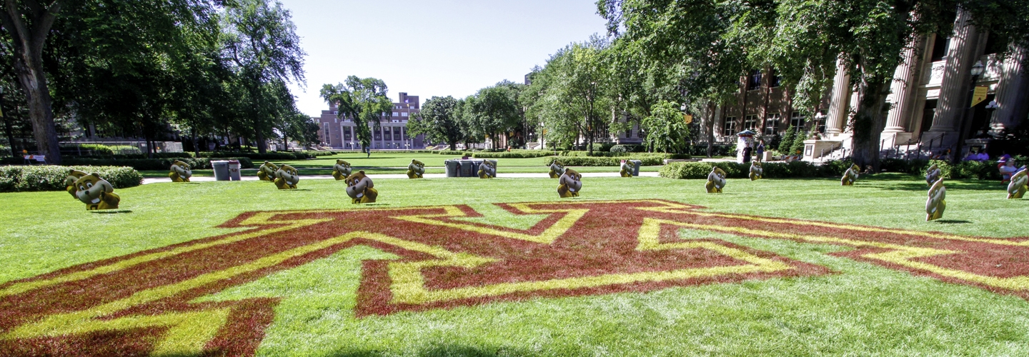 Large painted block M on Northrop Mall lawn