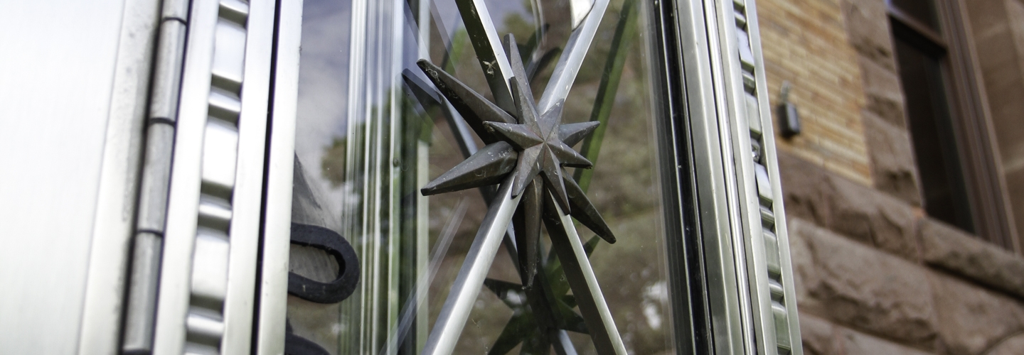 Detail of metalwork on Nicholson Hall front entry