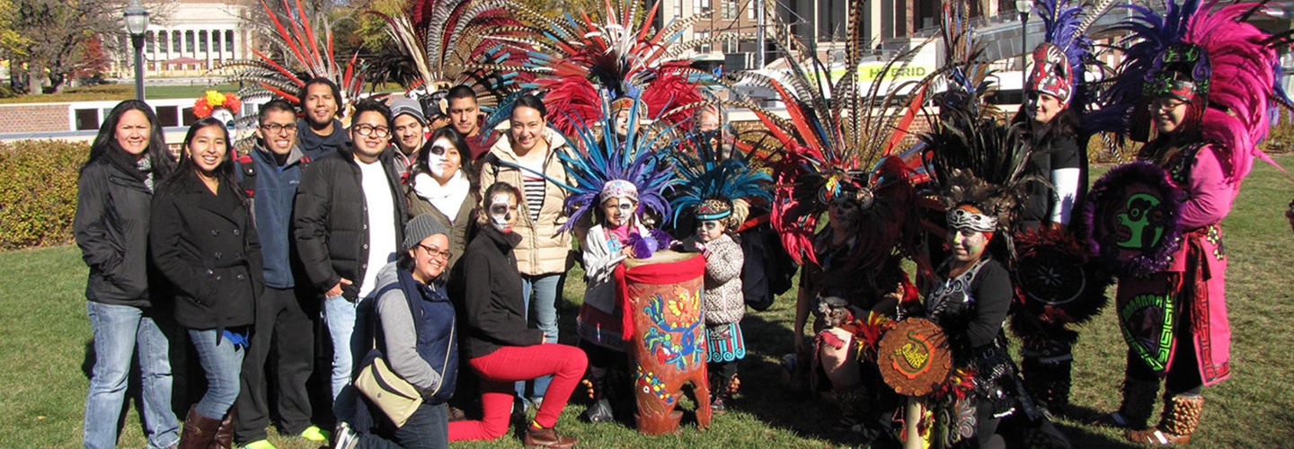 Photo of dancers and participants at Dia de los Muertos event in front of Coffman Union