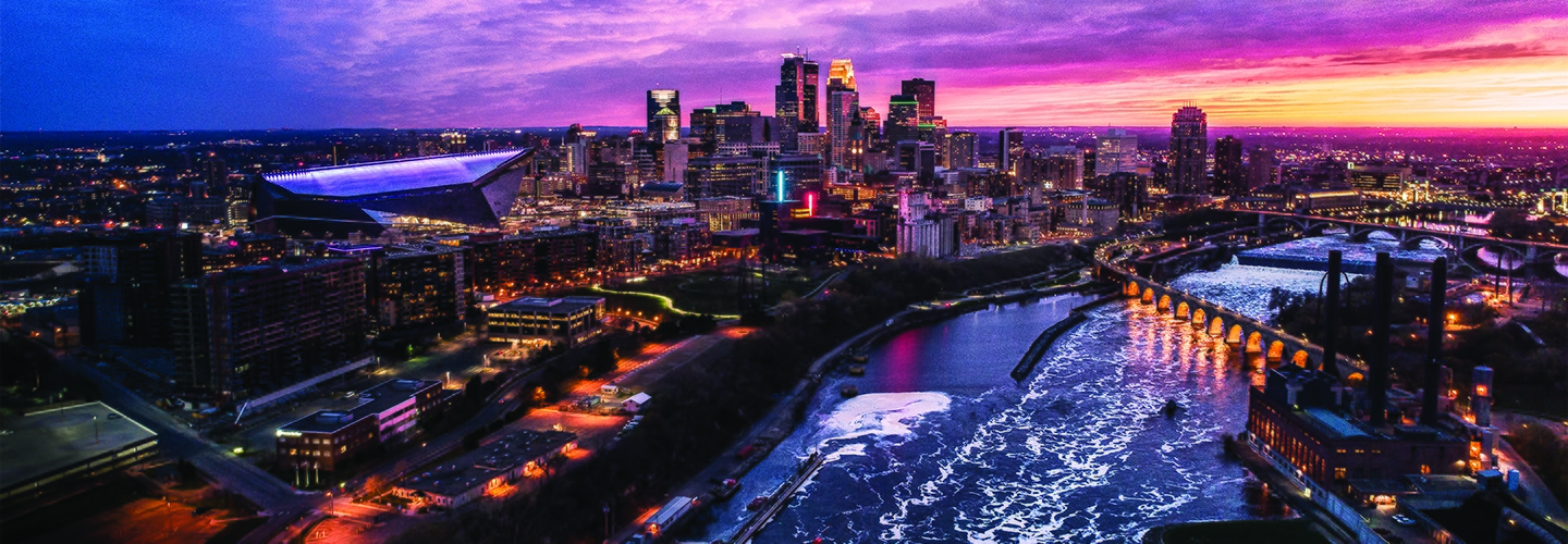 Evening aerial view of downtown Minneapolis and surrounding area